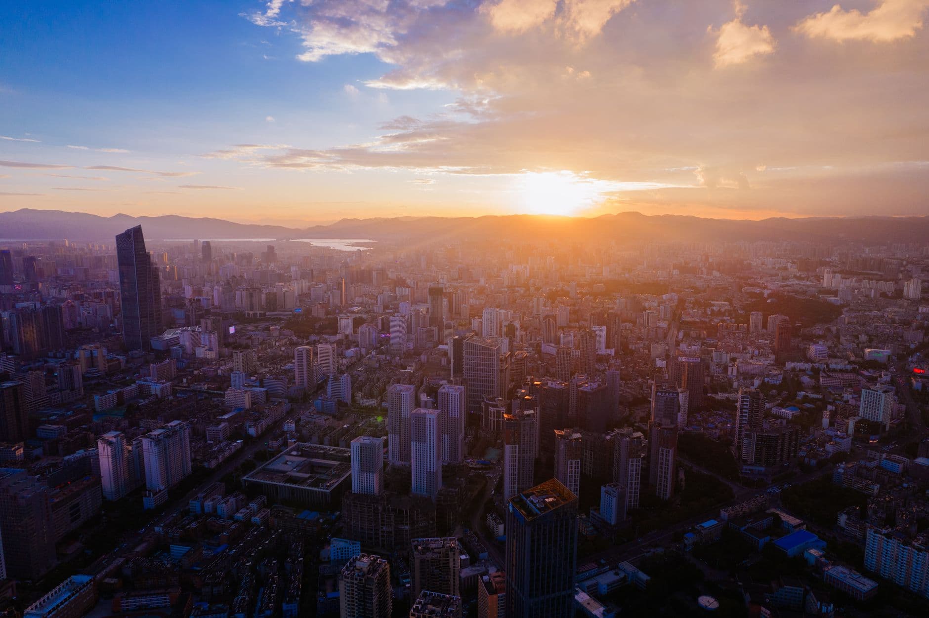Aerial city skyline at golden hour