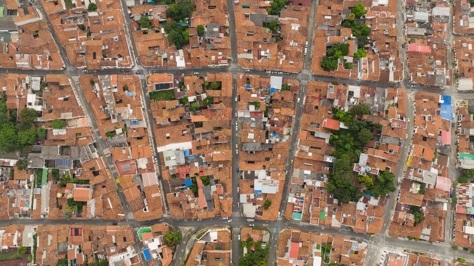 Aerial view of city neighborhood rooftops